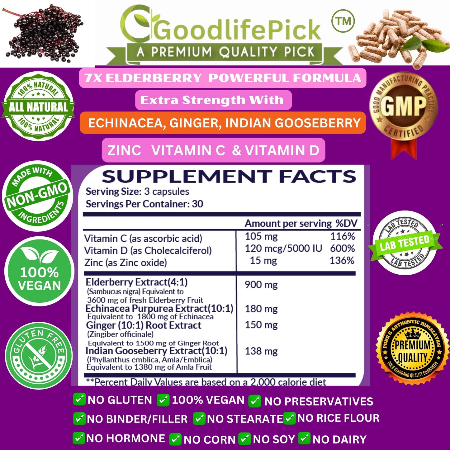 Best Elderberry Blend with 7 Ingredients Sambucus Elderberry Echinacea Zinc Vitamin C & D Ginger & Indian Gooseberry SugarFree, Natural NonGMO-90 capsules