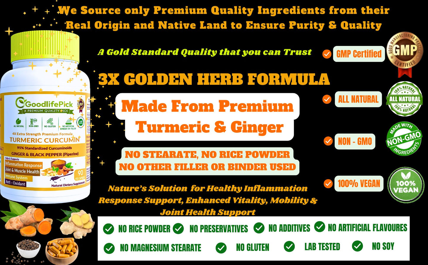 Turmeric Curcumin with Ginger, 95% Curcuminoids & Black Pepper. Powerful & Enhanced Absorption Formula for Maximum Benefits. All Natural NonGMO Lab-Tested No Fillers-90ct