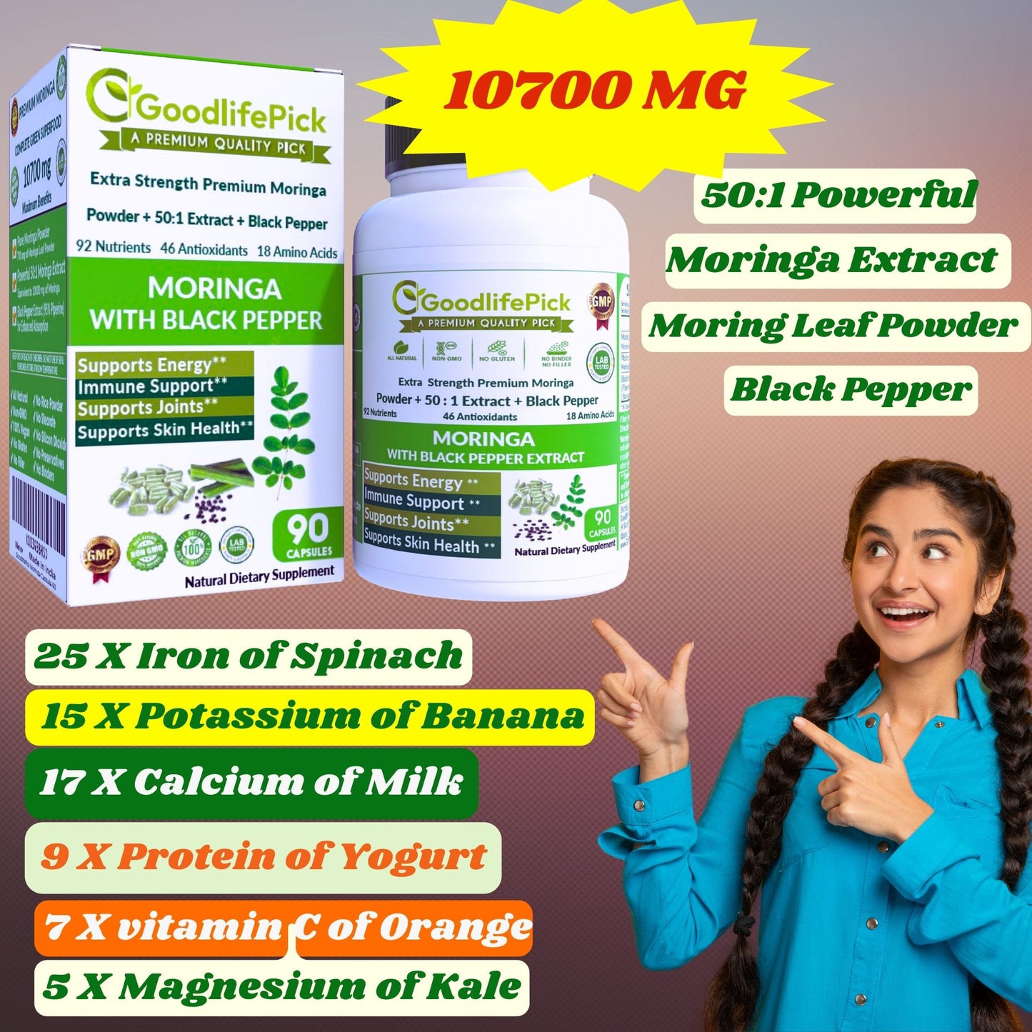 Premium Moringa Capsules with Black Pepper. Powerful 10,700 mg from Finest Handpicked Moringa oleifera Leaf Powder & Powerful 50:1 Moringa Extract