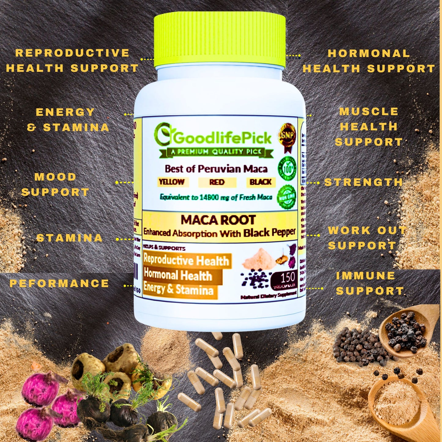 Best Maca Root Capsules with Black Pepper-150 capsules from Peruvian Yellow Maca , Red Maca & Black Maca.